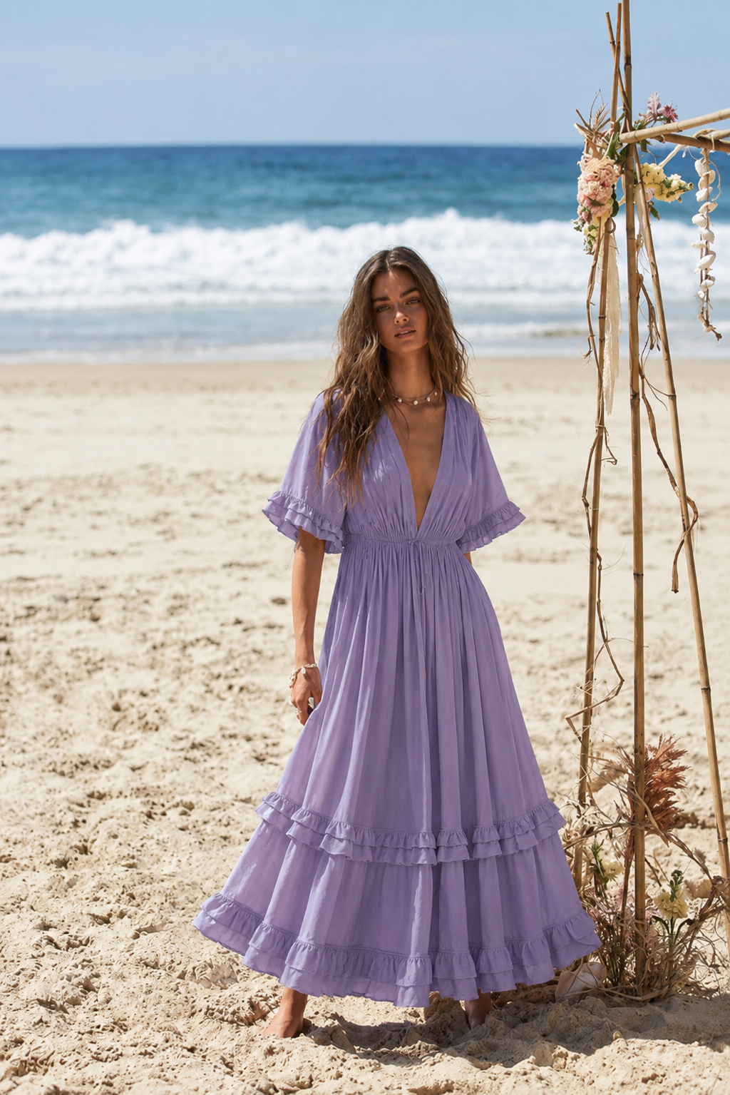 Lila boho maxi jurk met ruches