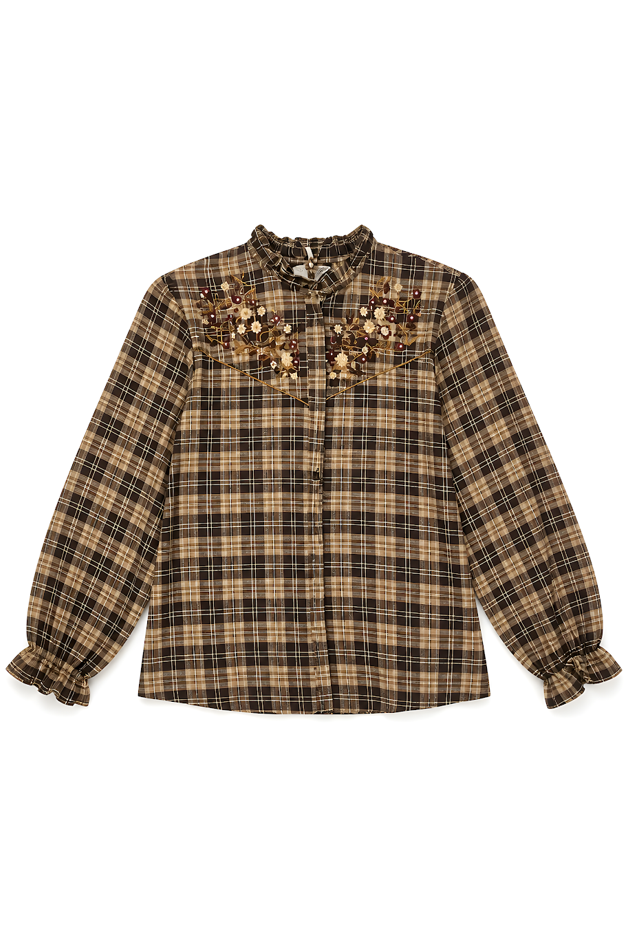 Boho Check Bloes met Borduurwerk Mocca