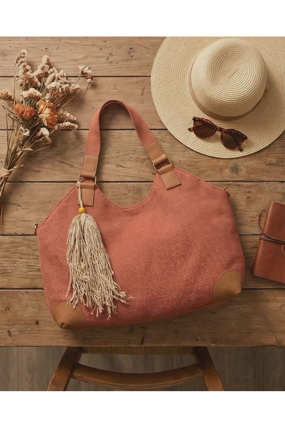 Coral jutte handtas met lederen details