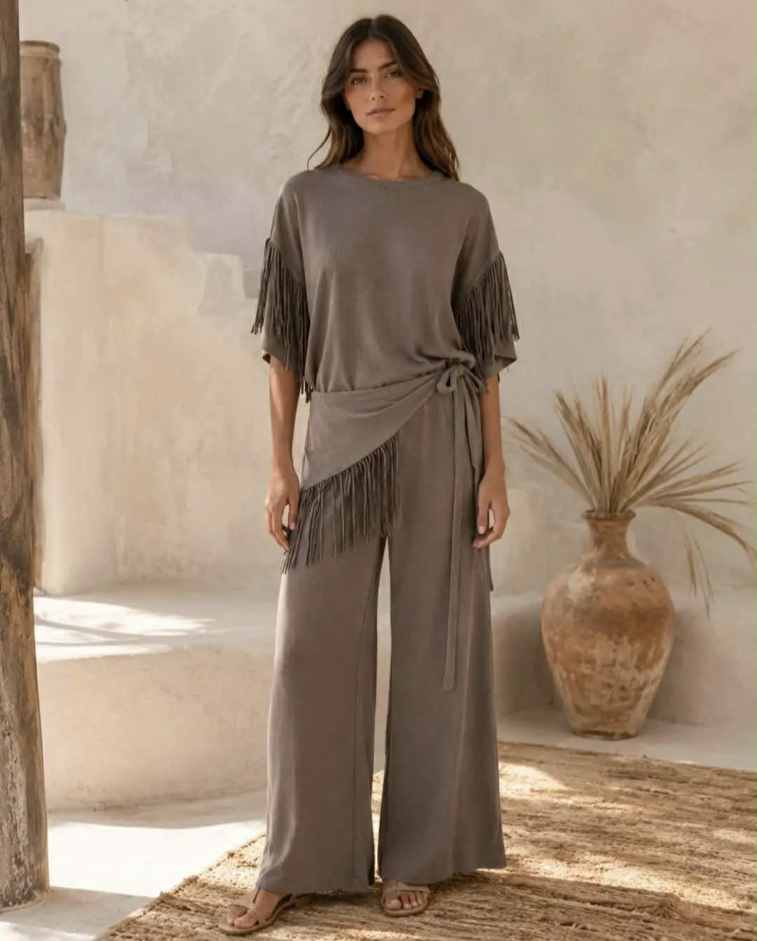 3-Delige Knitwear Set met Franjes Taupe