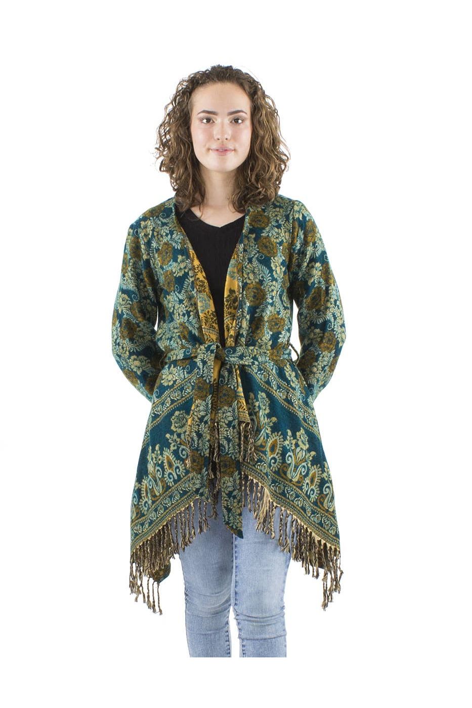 Jacquard Boho Gilet met Franjes Groen