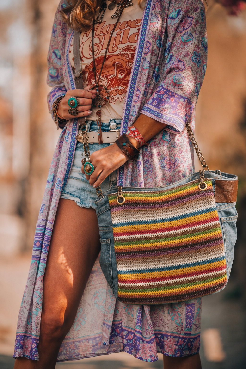Boho 2-in-1 Denim Crochet Shopper Multicolor