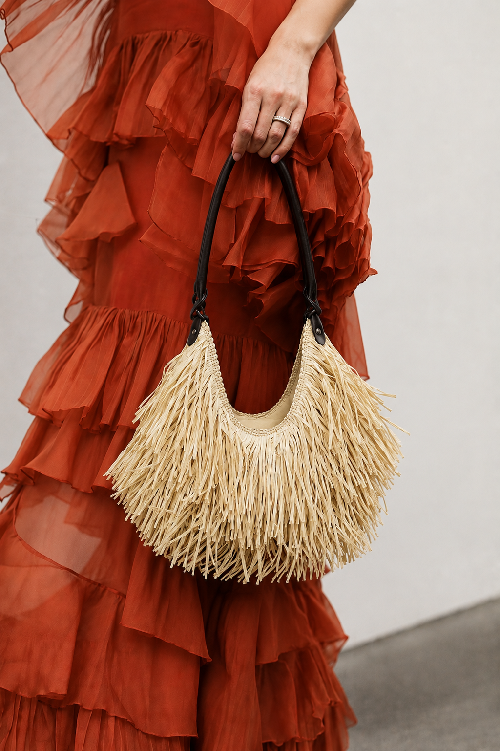 Boho Raffia Fringe Handtas Beige
