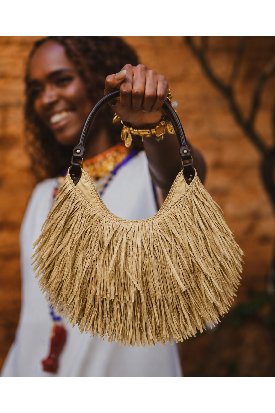 Boho Fringe Handtas Natural Beige