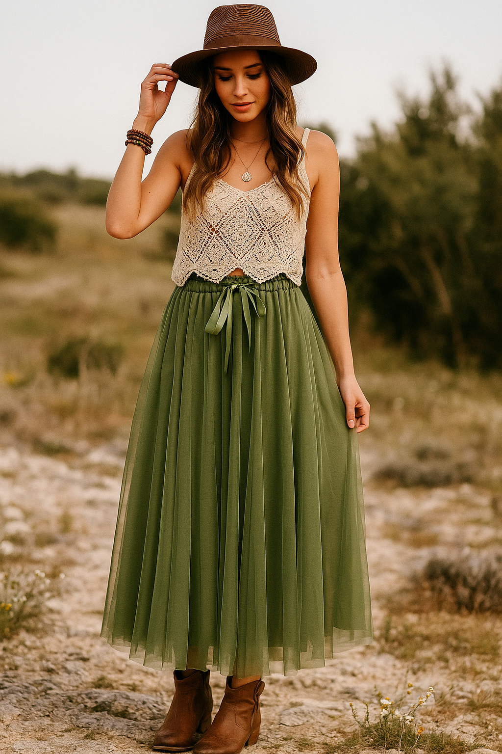 Kaki Tule Maxi Rok