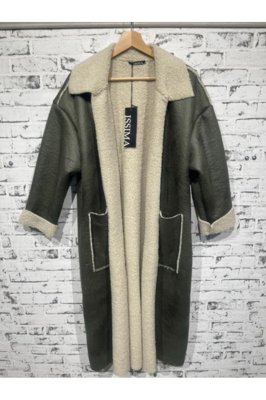 Lange Kaki Mantel in Nepsuède met Teddyvoering