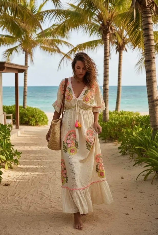Boho maxi jurk met kleurrijke borduursels