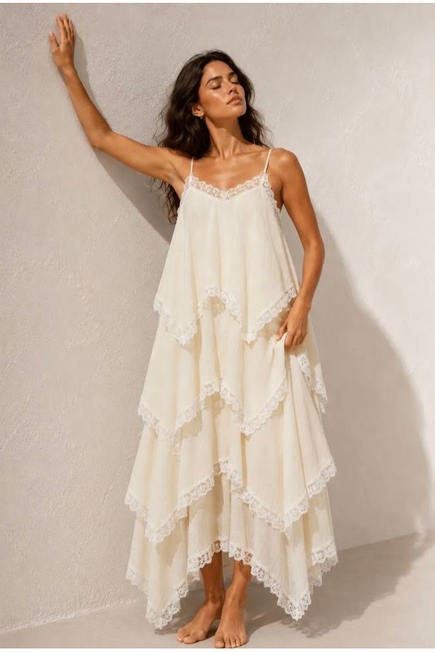 Boho Lace Layers Dress Beige