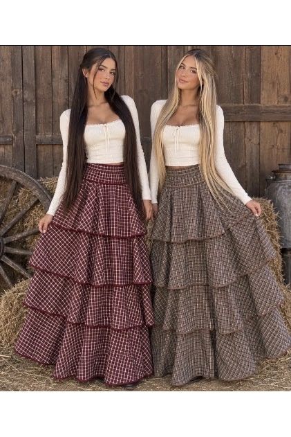 Western Boho Maxi Rok met Ruit & Volants Granaat