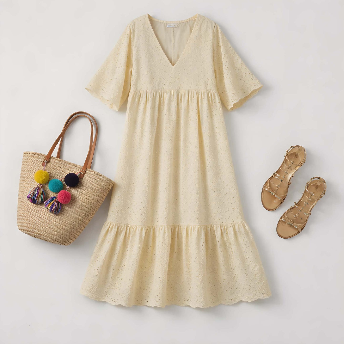 Broderie Maxi Jurk Beige