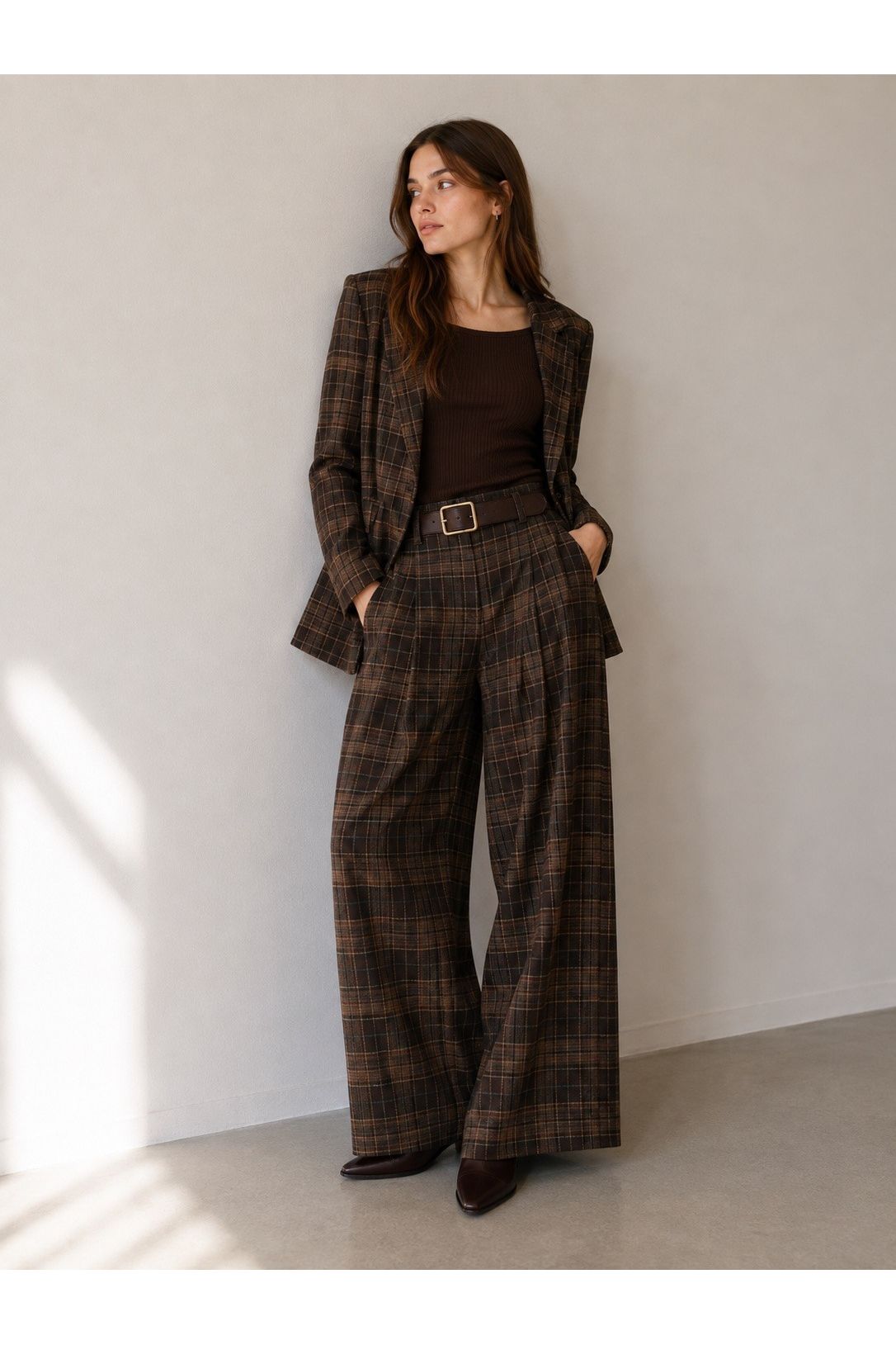 Geruite palazzo broek met riem marron flanel