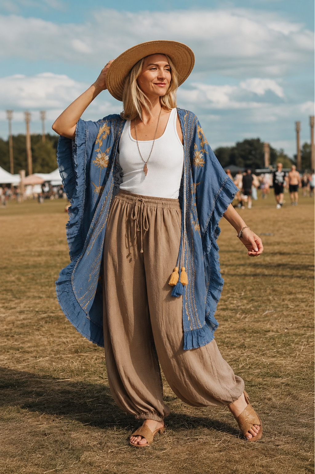 Denim kimono geborduurd met parels