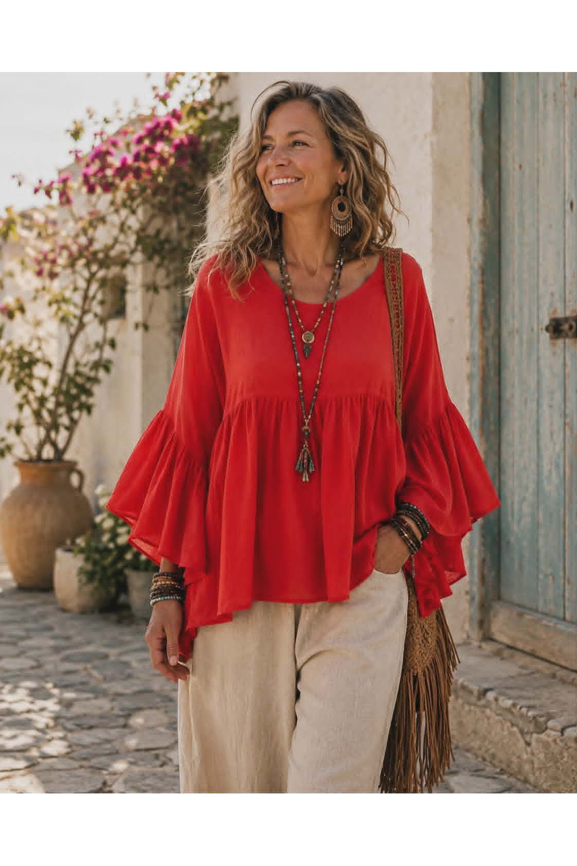 Katoenen Boho Bloes Elara Rood