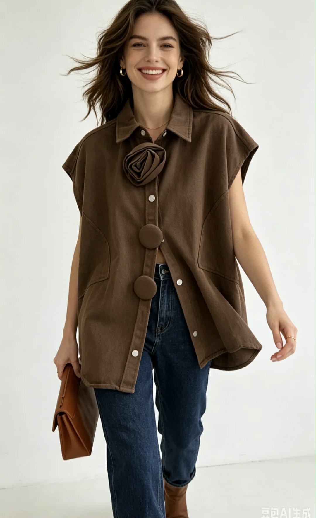 Mocca cotton jeans zonder mouwen