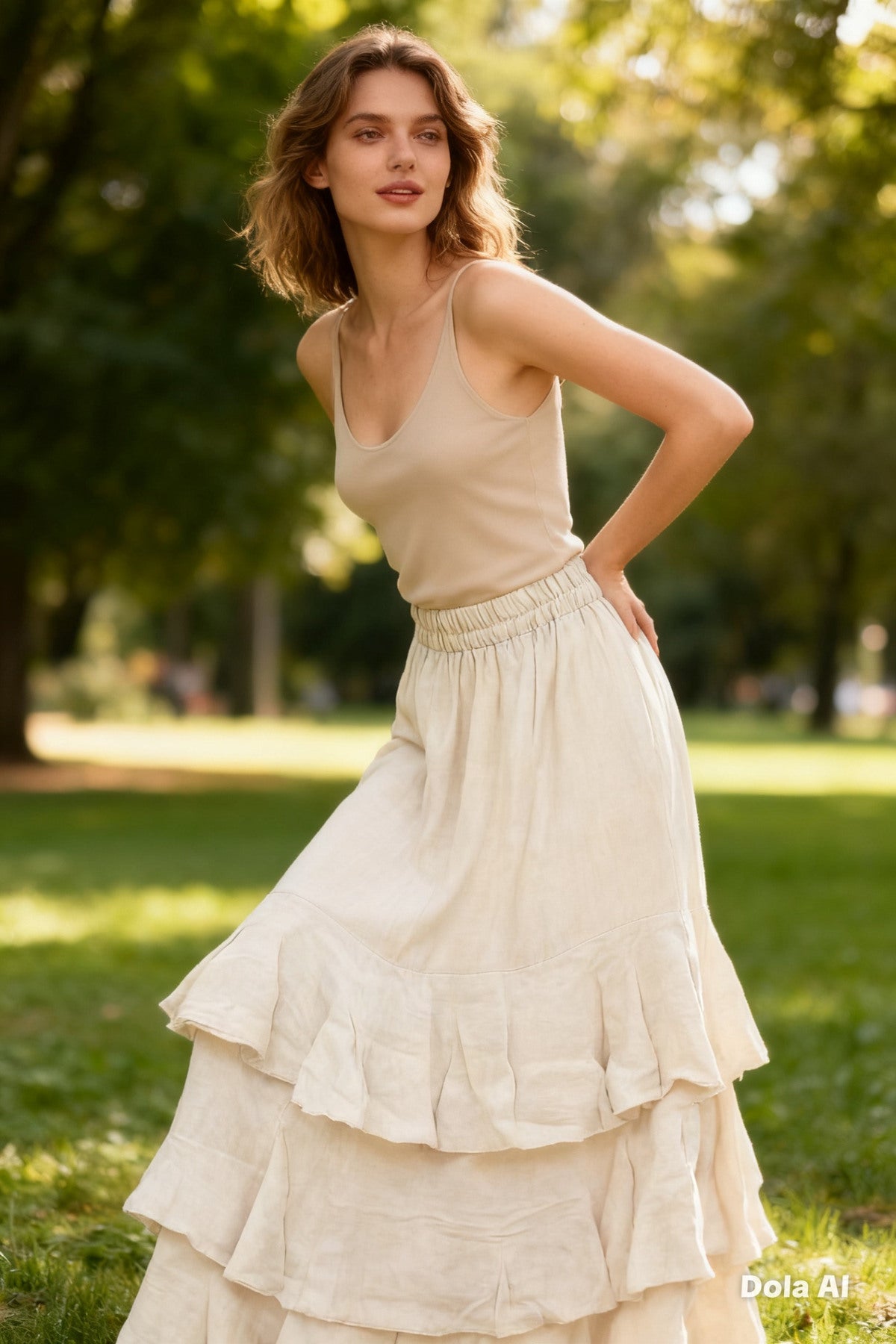 Linnen rok met ruches beige