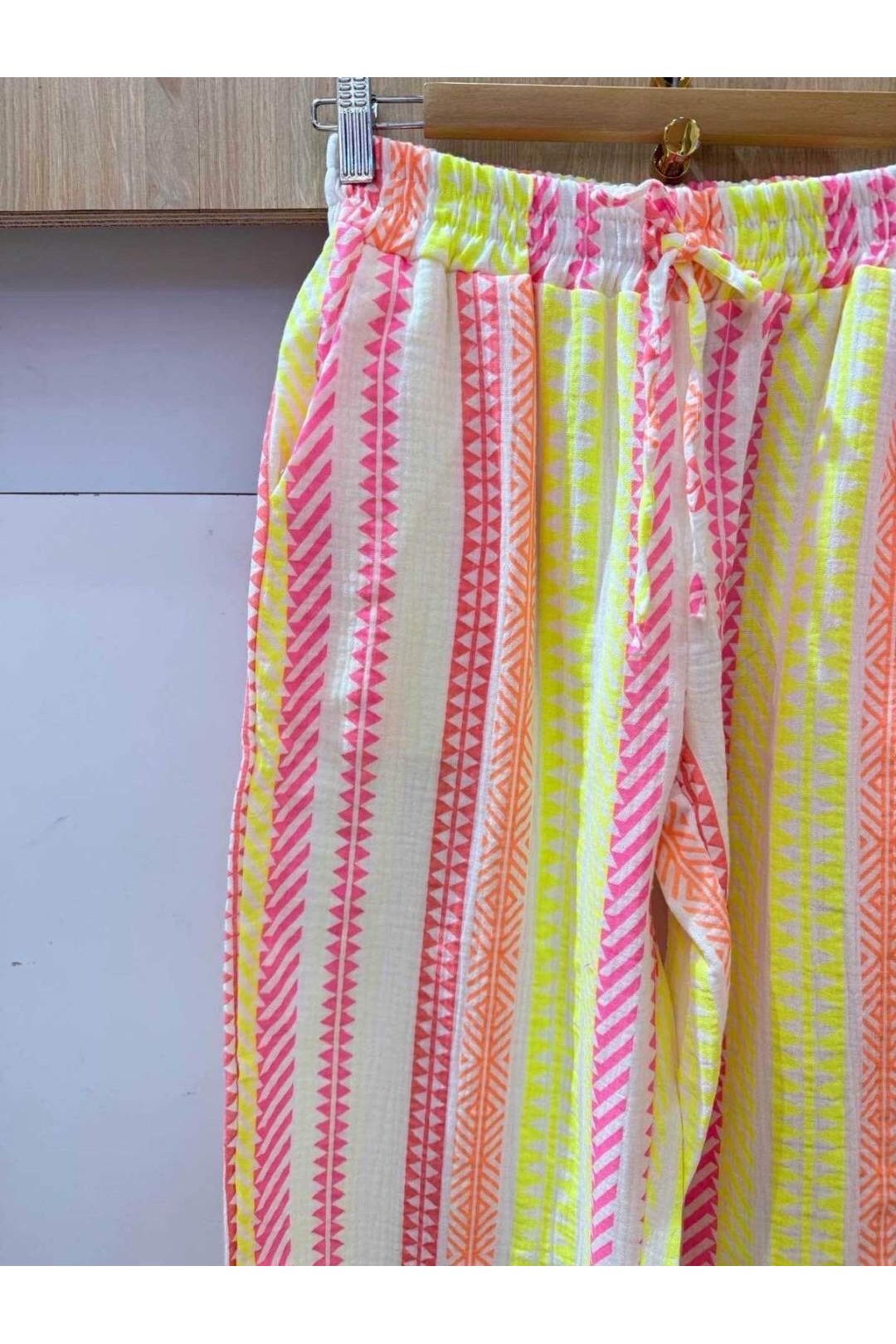 Broek gewafeld katoen geel/oranje fluo