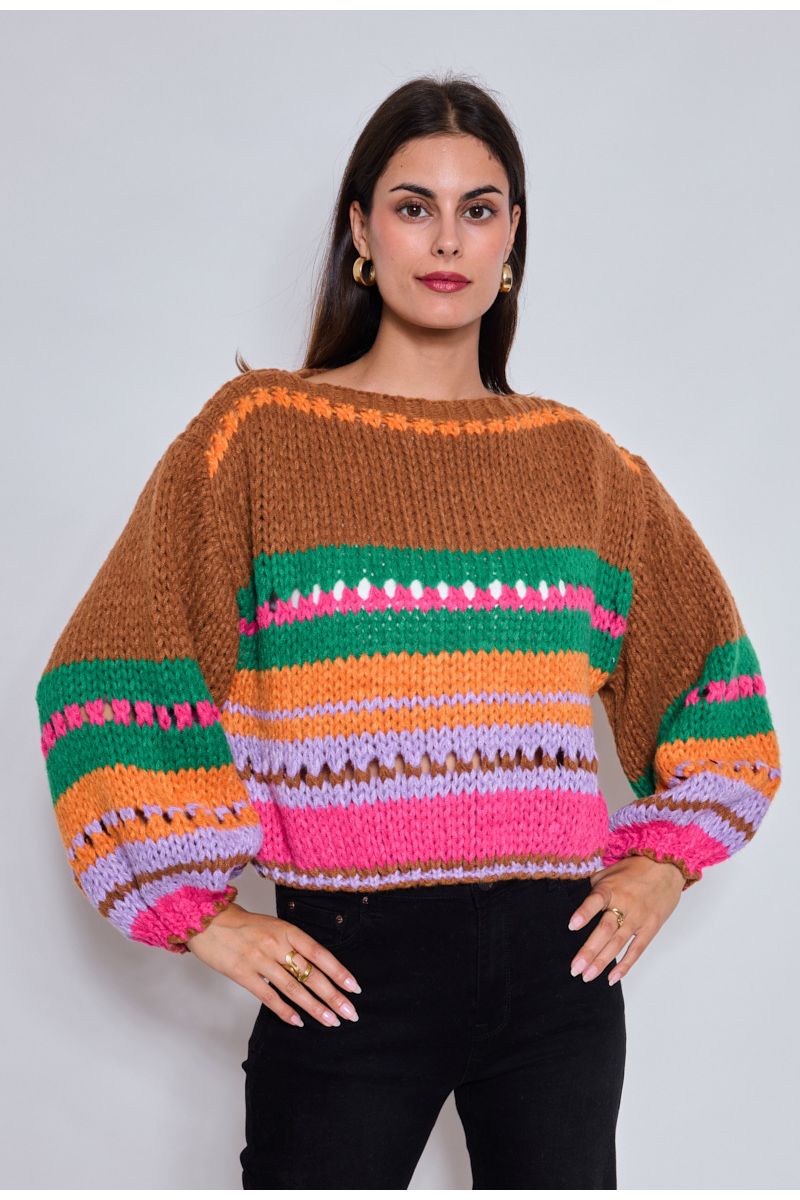 Gebreide multicolor trui met strepen Chocolade