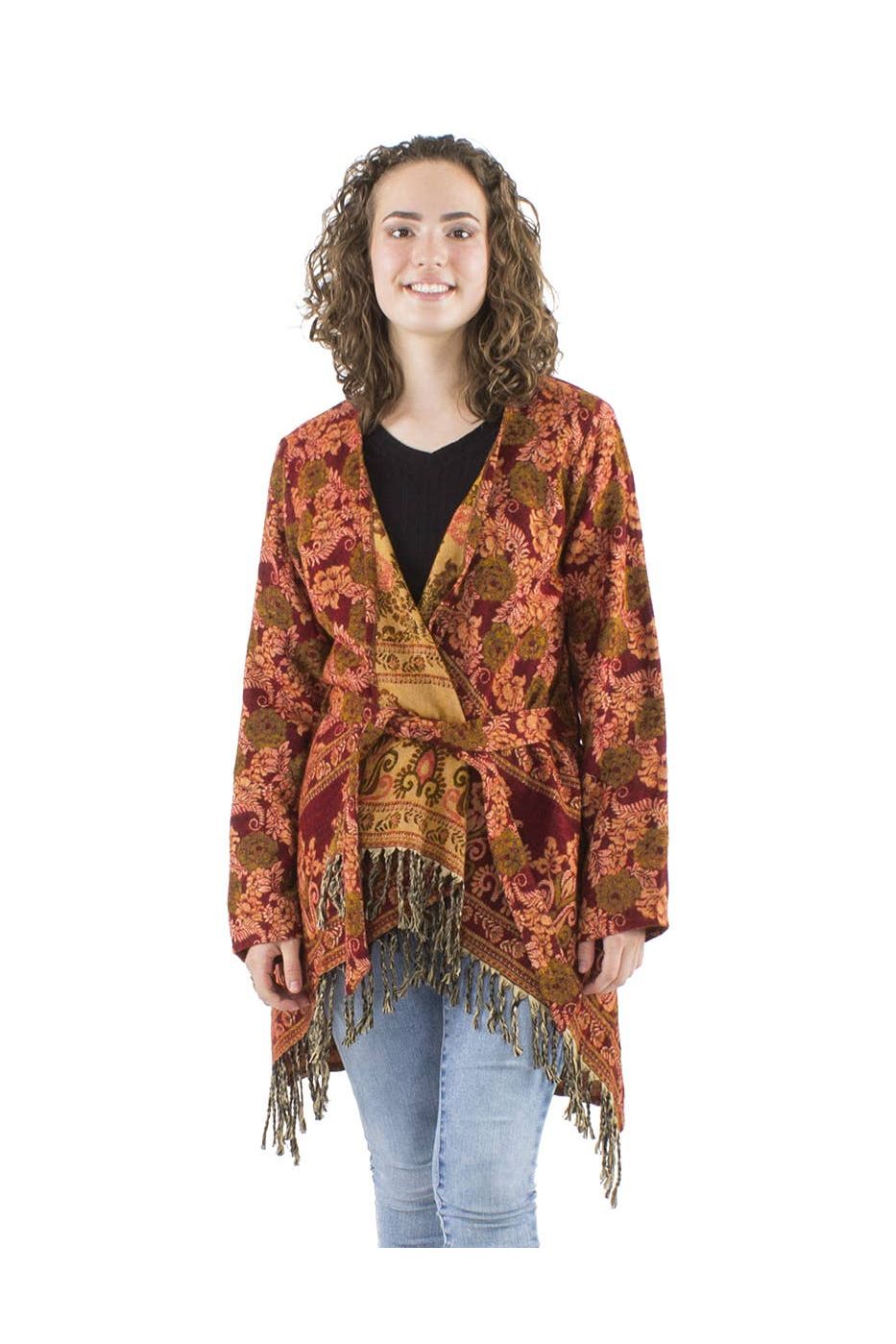 Jacquard Boho Gilet met Franjes Bordeaux
