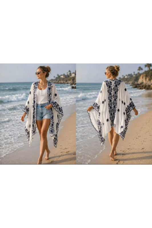 Boho Kimono Nomad wit/donkerblauw