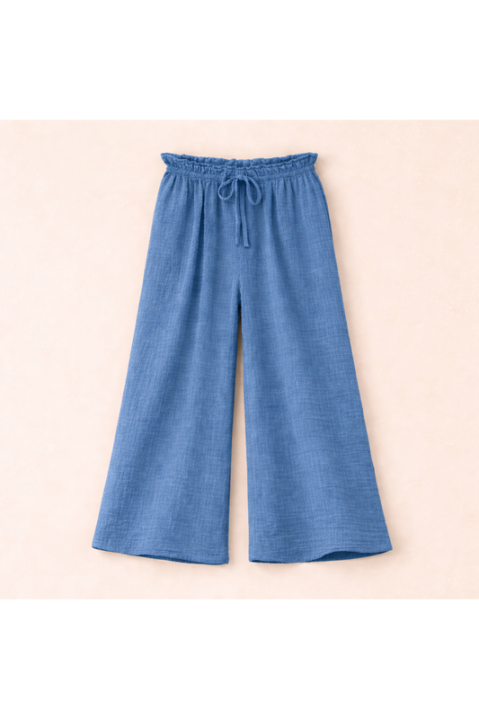 Luchtige broek in gewafeld katoen jeansblauw