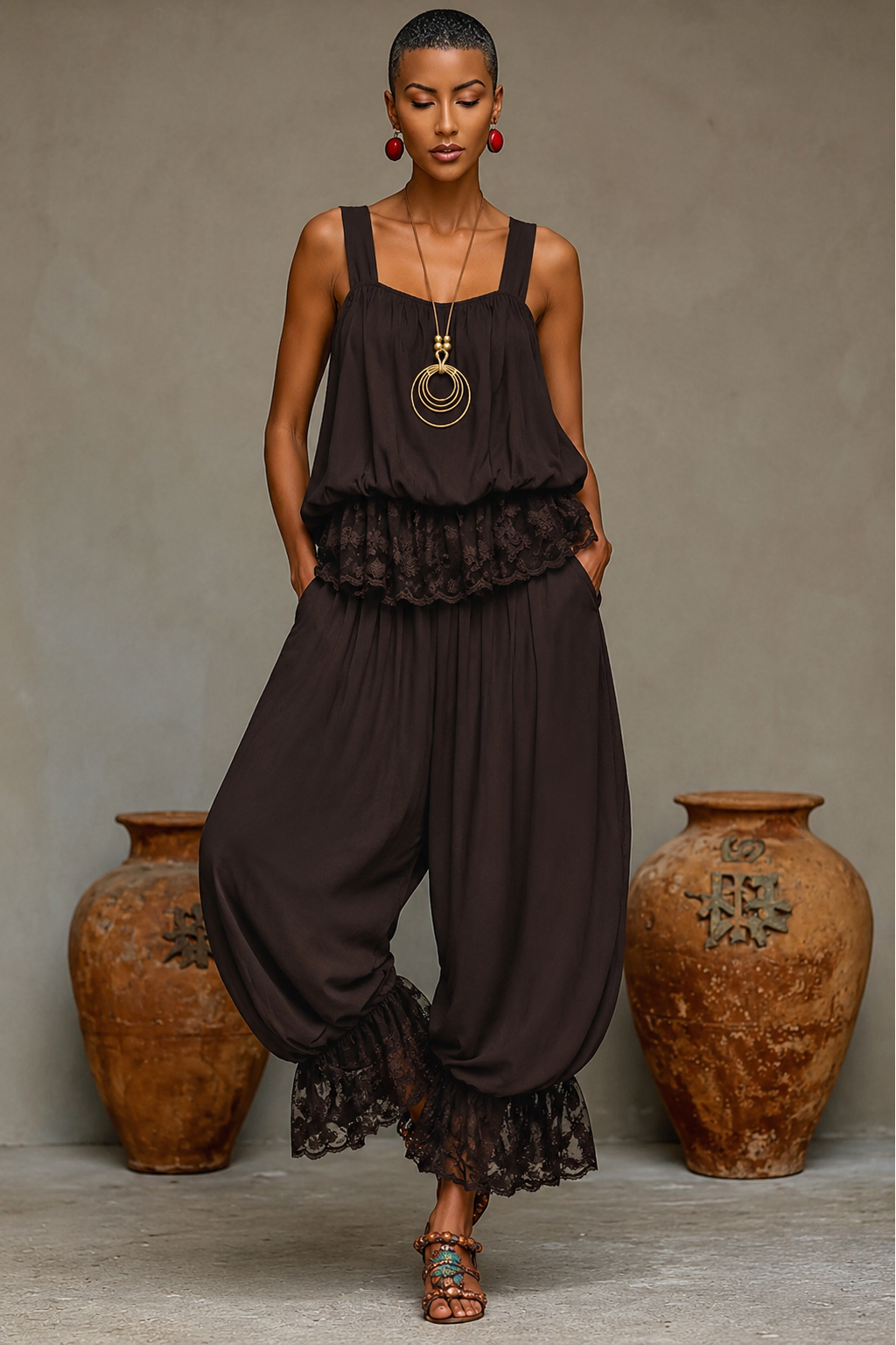 Boho top met kant – Chocolate Brown