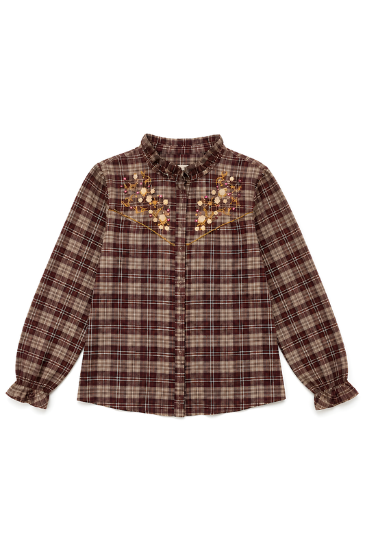 Boho Check Bloes met Borduurwerk Bordeaux