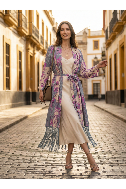 Kimono met print en met de hand gemaakte franjes Lila
