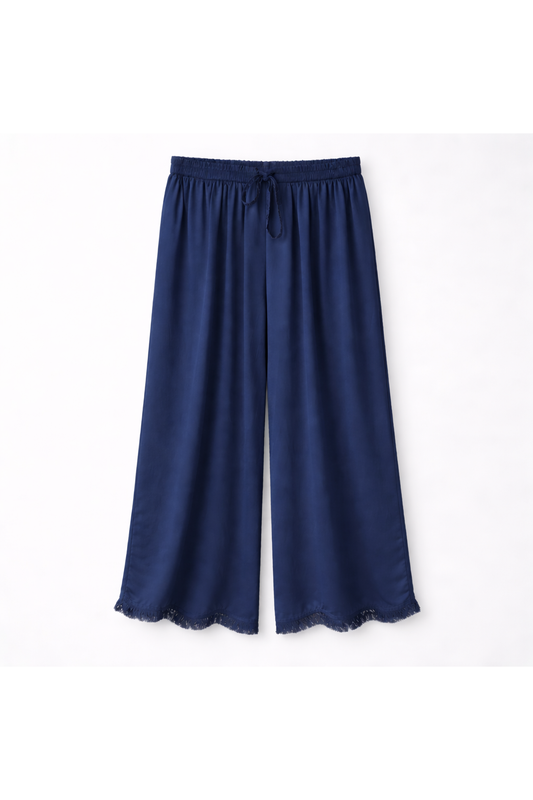 Satijnen broek met franjes marineblauw