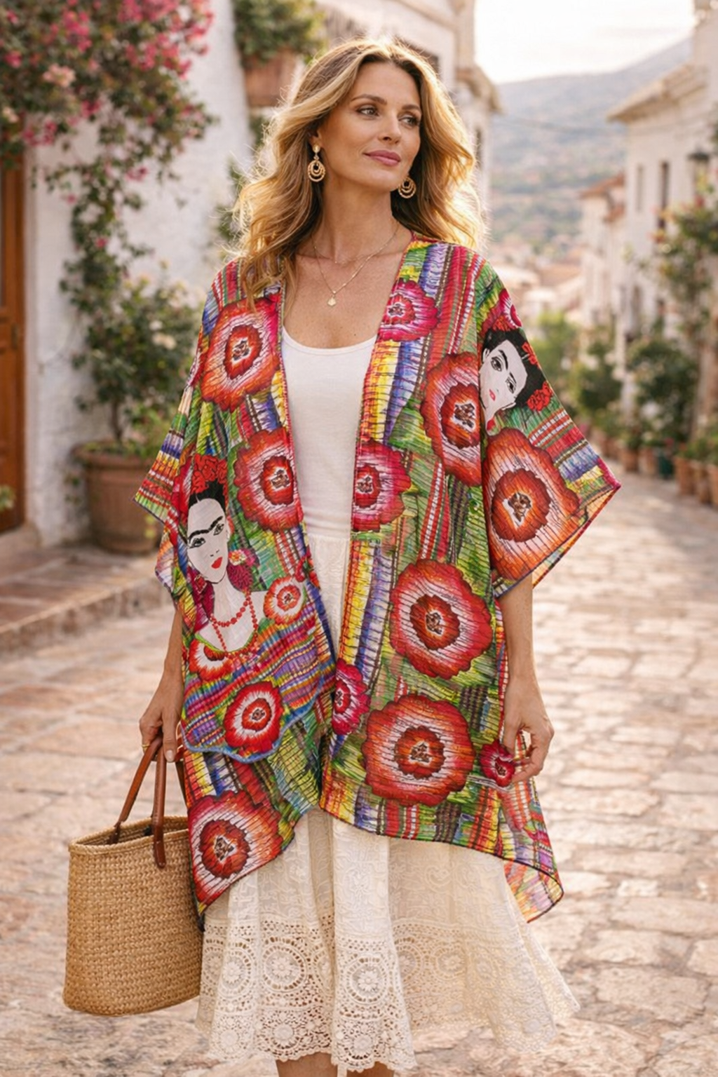 Frida-geïnspireerde kleurrijke boho open kimono/cover-up