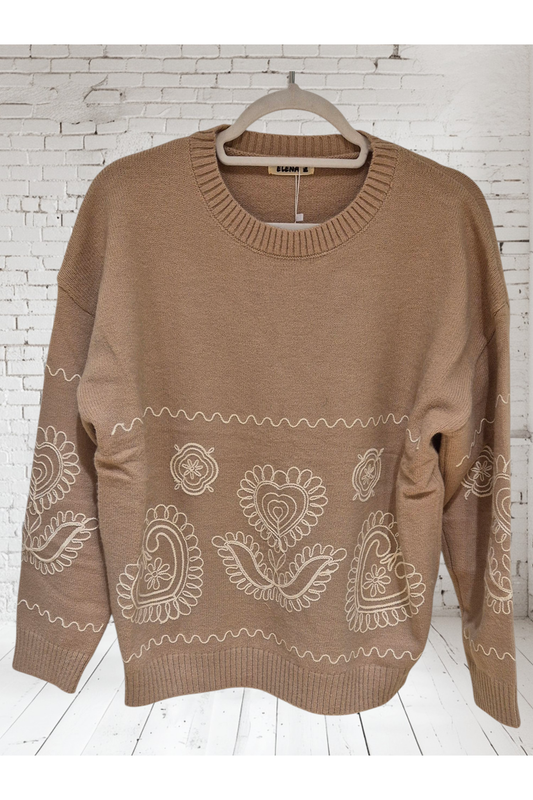 Gebreide Pull met Borduursels Camel