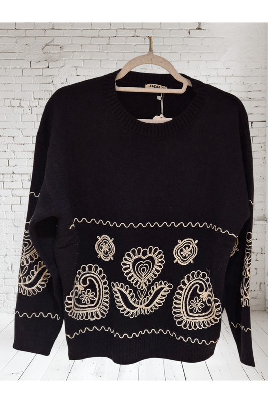Gebreide Pull met Borduursels Zwart