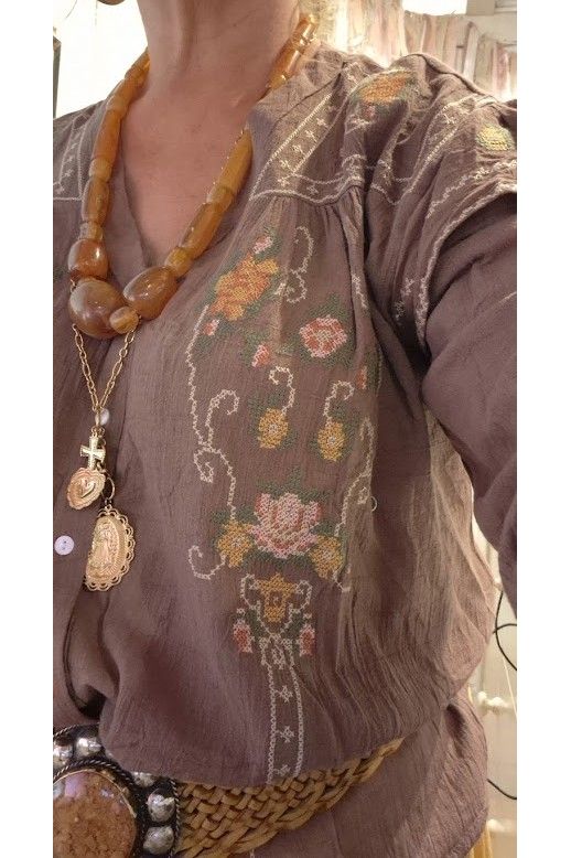Boho Cross-Stitch Blouse Bruin