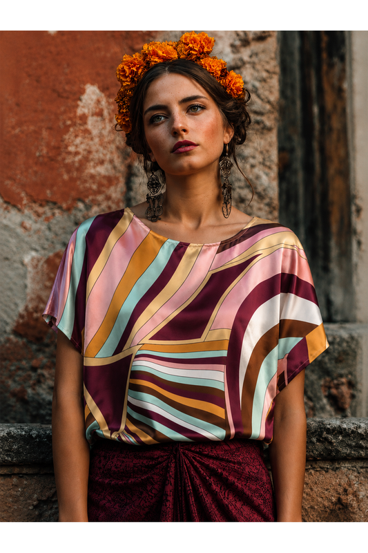 Satin Retro Print Top