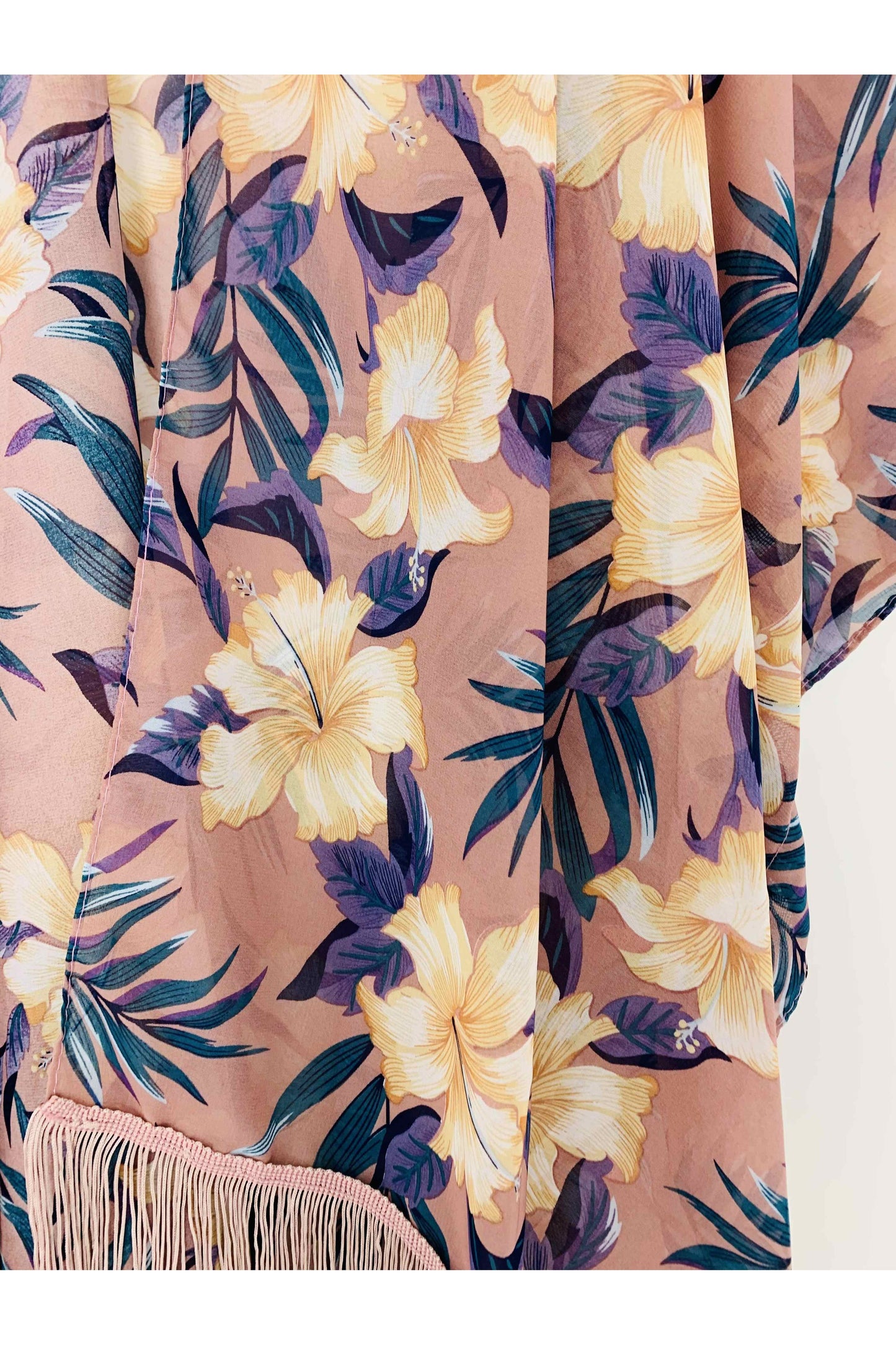 Lange Franje Chiffon Kimono-Karamel Tropisch