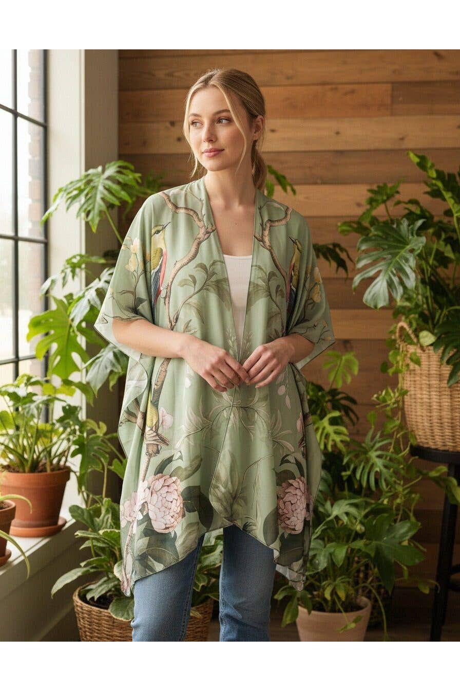 Groen-Multi Lente Tuin Bloemen & Vogels Kimono/Omslagdoek