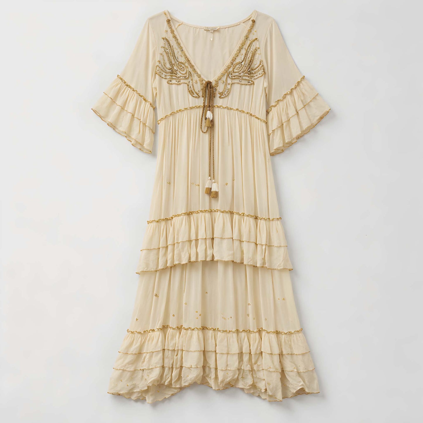 Bohemian Maxi Jurk Ibiza Crème met Borduursels & Ruffles