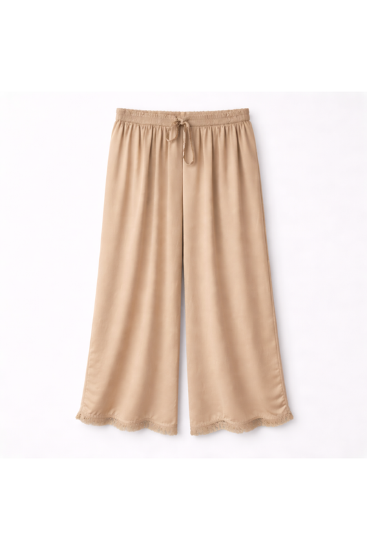 Satijnen broek met franjes beige