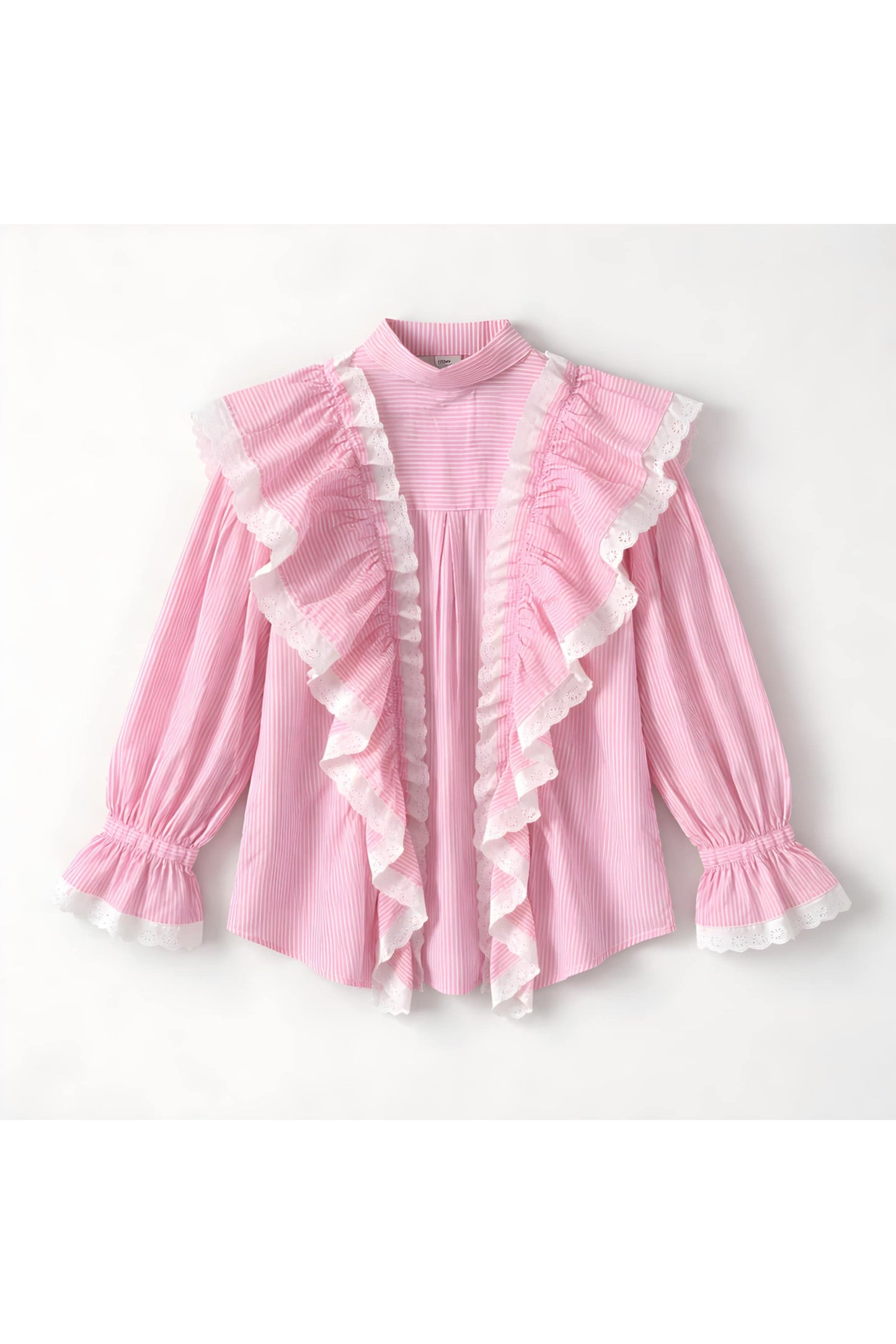 Striped ruffle blouse with broderie roze