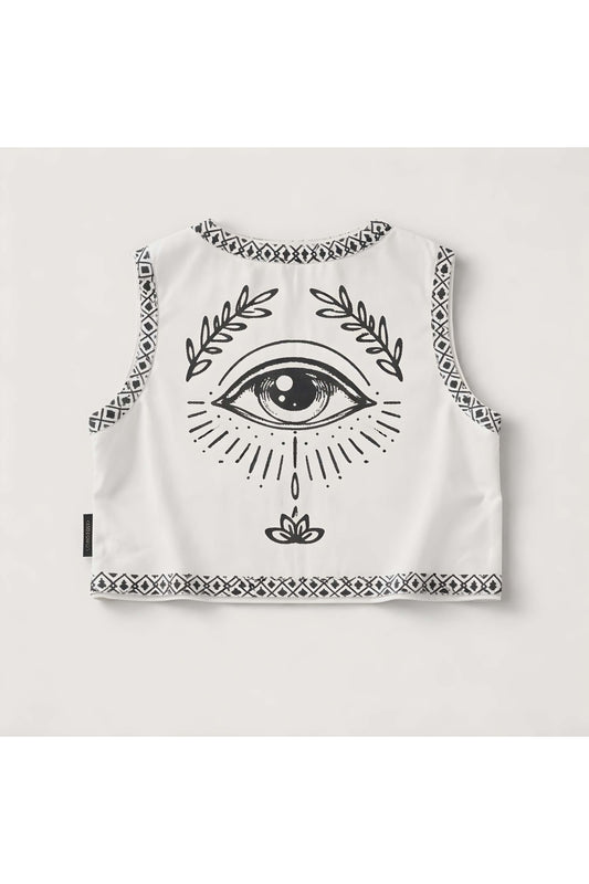 Boho gilet met eye print – off white/zwart