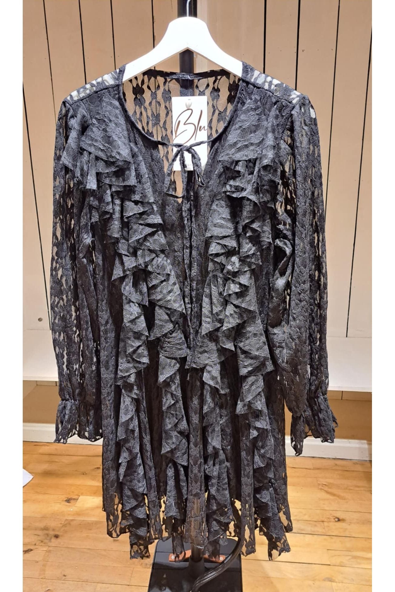 Ruffle lace tunic dress zwart