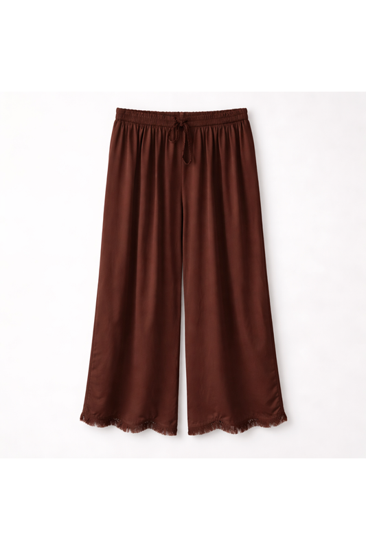 Satijnen broek met franjes chocolade bruin
