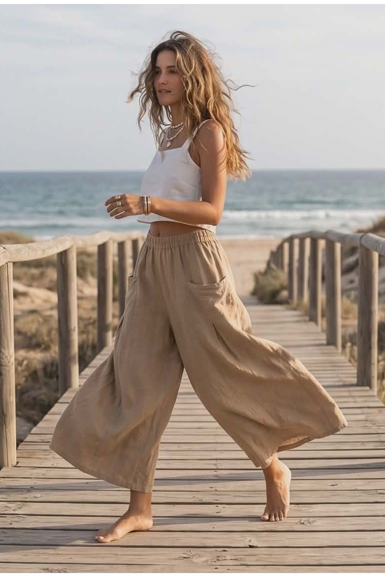 Linnen broek met grote zakken Camel