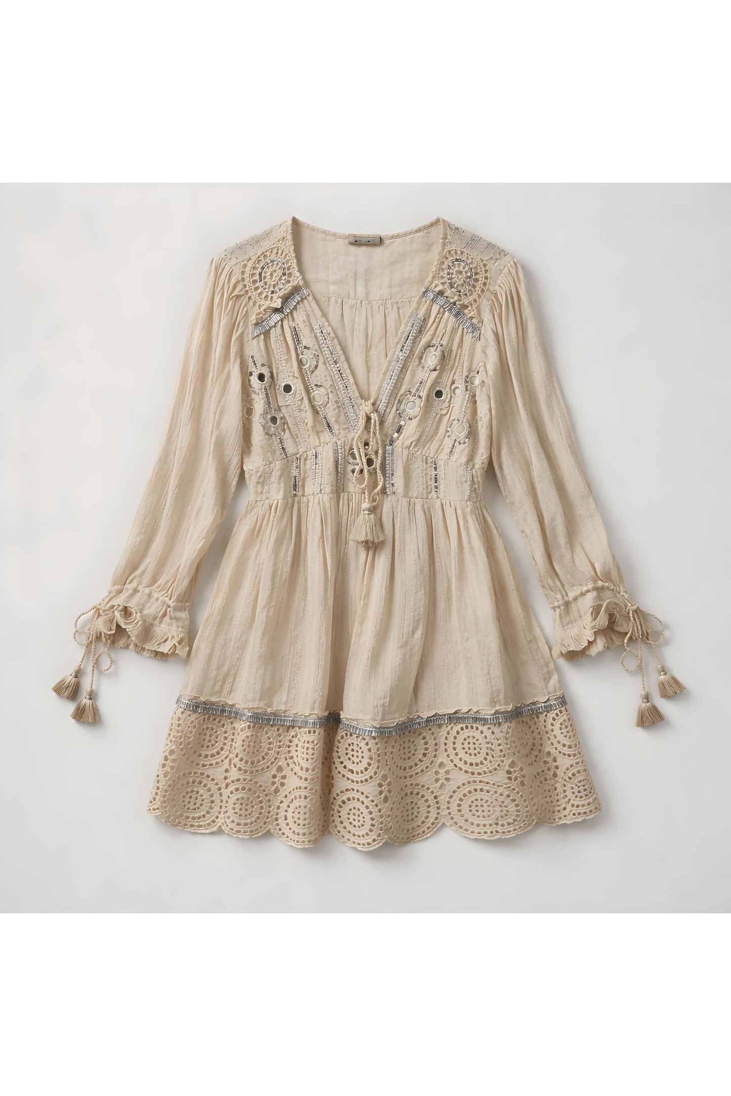 Boho Lace Detail Dress Crème Kort