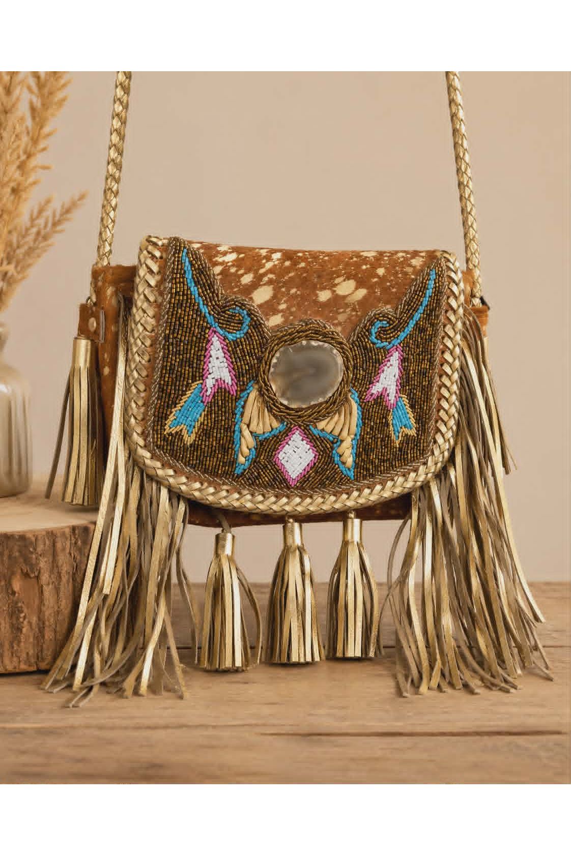 Leren schoudertas met agaatsteen & kralendetails