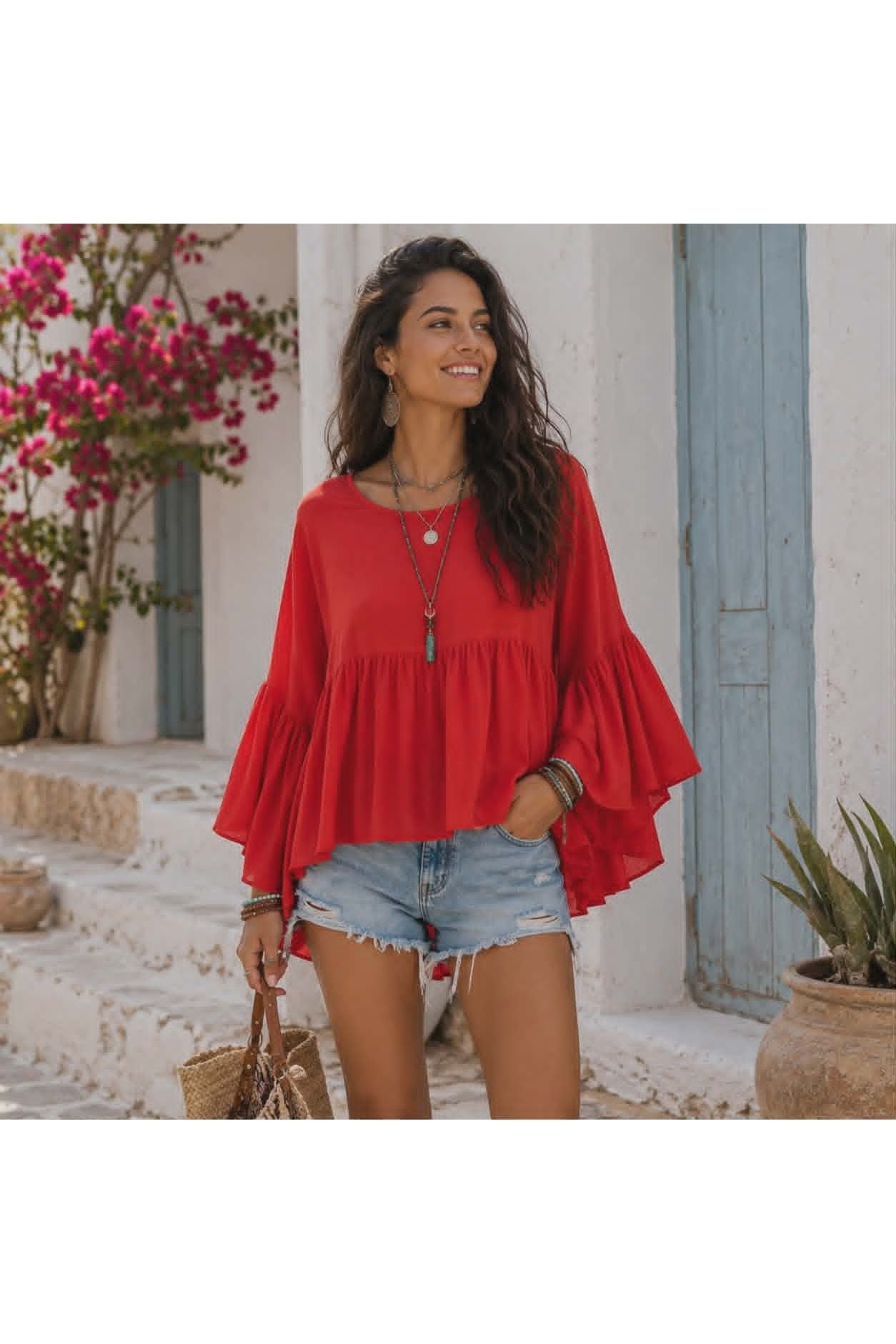 Katoenen Boho Bloes Elara Rood