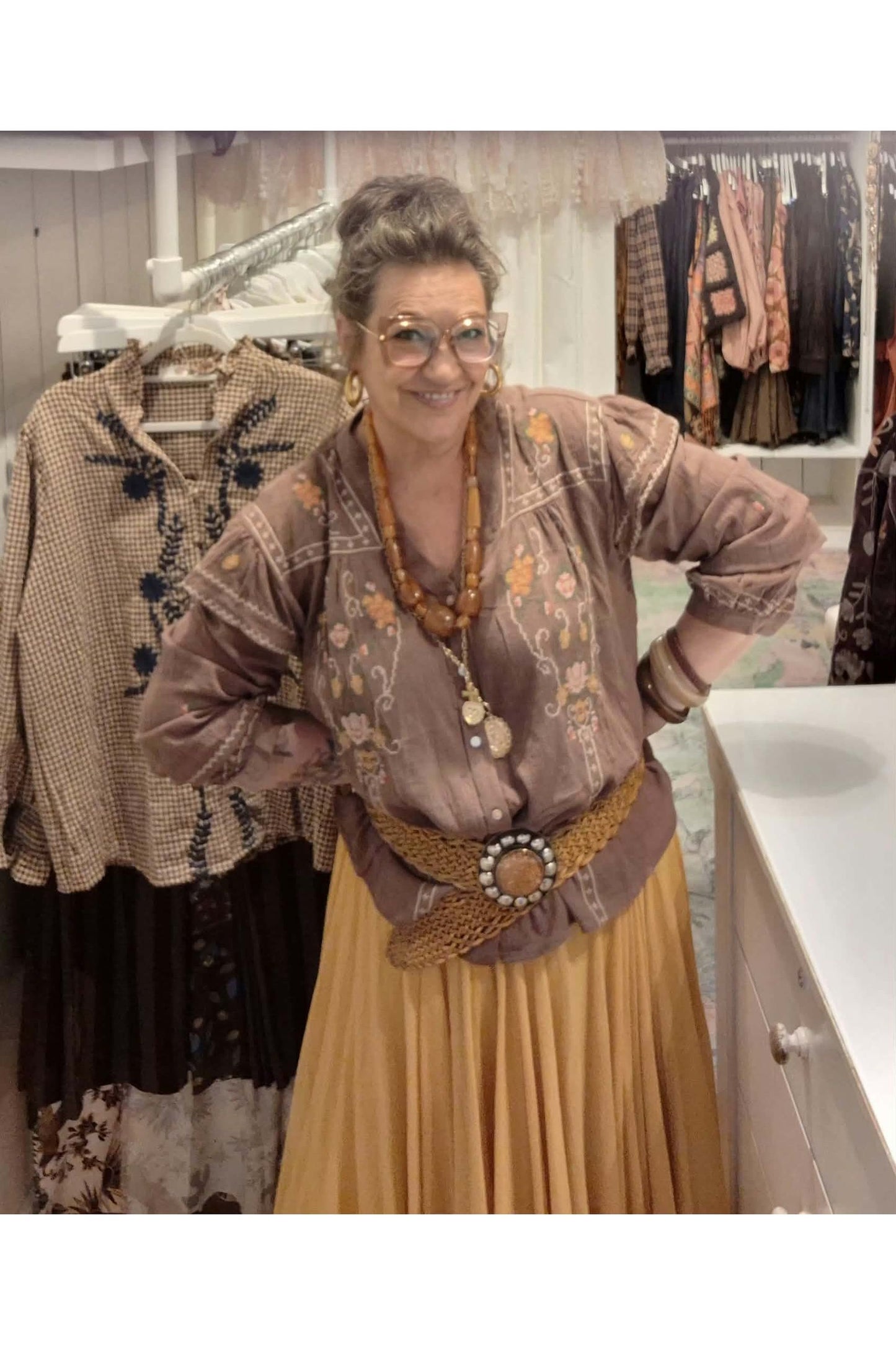 Boho Cross-Stitch Blouse Bruin