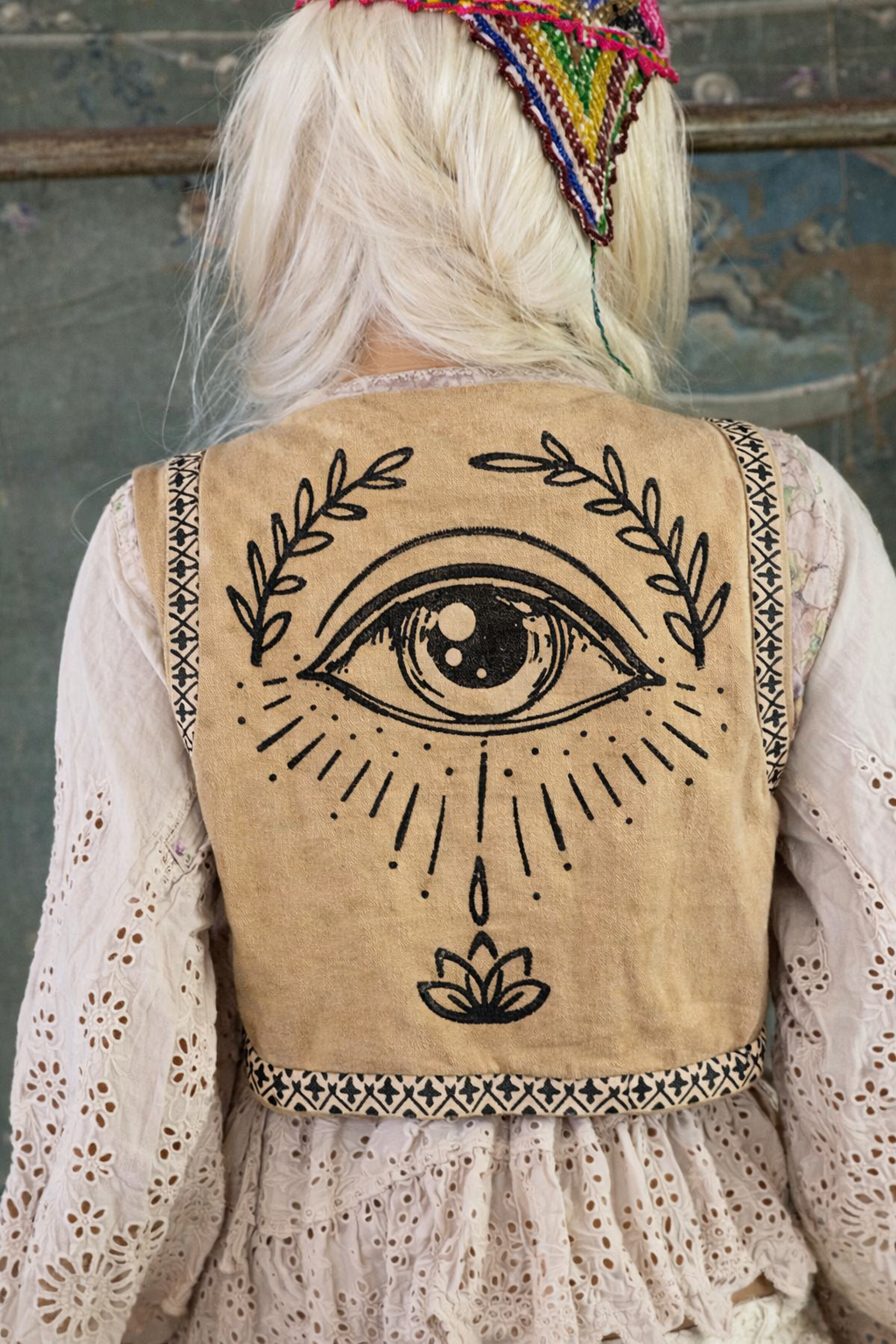 Boho gilet met eye print – beige/zwart