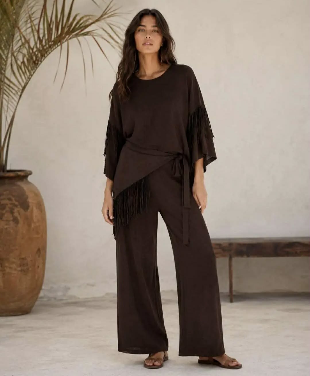 3-Delige Knitwear Set met Franjes Bruin