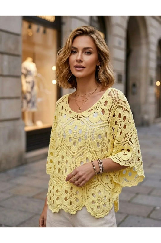 Gehaakte boho top met ondertop geel