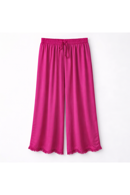 Satijnen broek met franjes fuschia